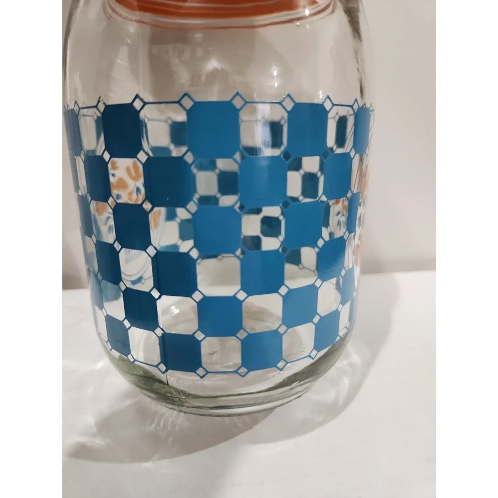 Vintage Carlton Glass Jar With Blue Checkered Pattern And Floral Design